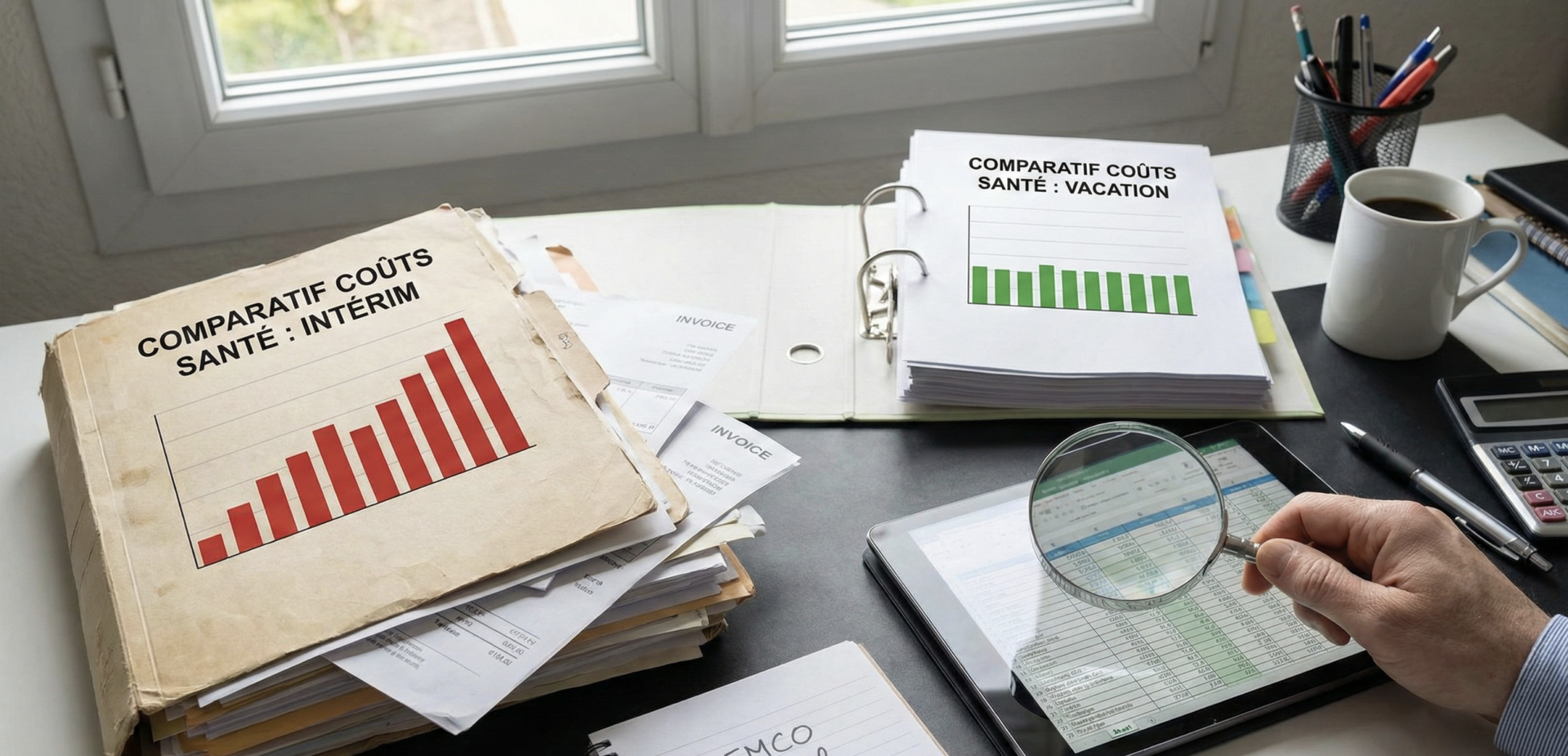 comparatif-cout-interim-vs-vacation-sante Bureau de direction avec dossiers et tablette affichant un comparatif financier détaillé des coûts entre l'intérim et la vacation pour un établissement de santé.