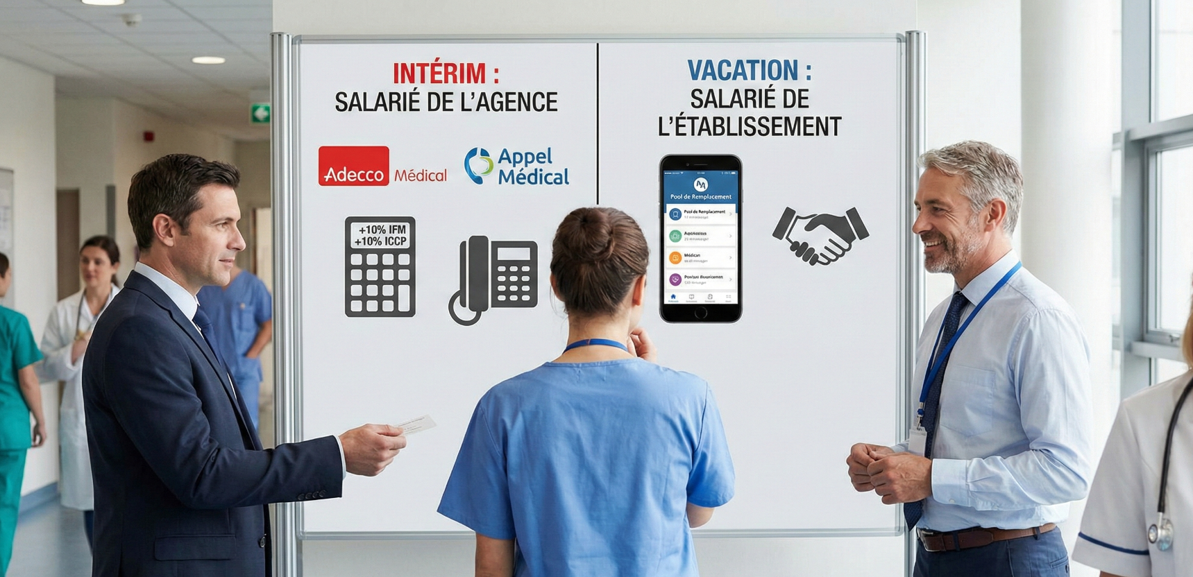 comparatif-interim-vacation-sante-salaire-liberte-choix-soignant Photographie conceptuelle divisée en deux, comparant visuellement le statut d'intérimaire (à gauche, avec des symboles d'agence et de calculatrice) et celui de vacataire (à droite, avec un smartphone et une poignée de main directe), illustrant le choix entre les deux modes d'exercice pour les soignants