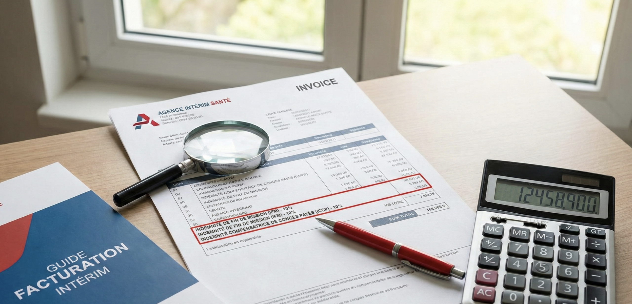 Facture d'intérim analysée à la loupe mettant en évidence les lignes de prime de précarité (IFM) et congés payés (ICCP) à côté d'une calculatrice.