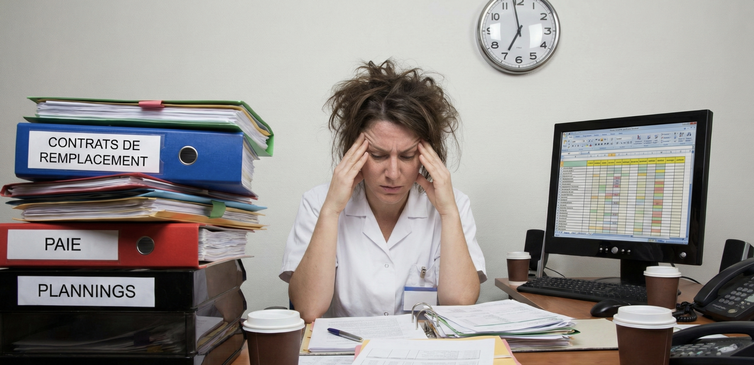 cout-gestion-administrative-remplacement-sante Cadre de santé débordée par la paperasse (contrats, paie, plannings) illustrant le coût caché et la lourdeur de la gestion administrative manuelle des remplacements.