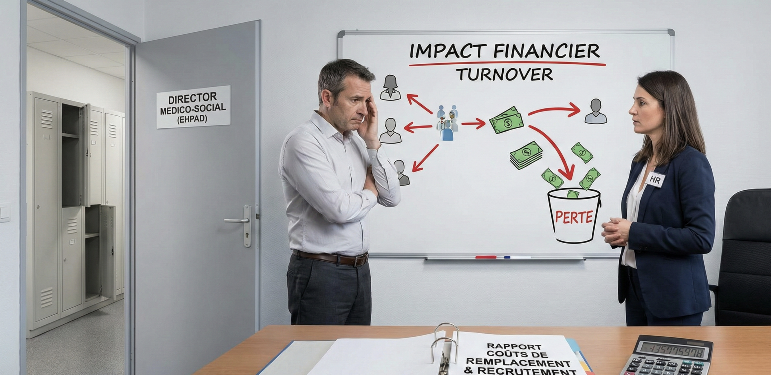 Directeur et RH en discussion devant un tableau illustrant les pertes financières liées au turnover en établissement médico-social, avec un rapport sur les coûts de recrutement."