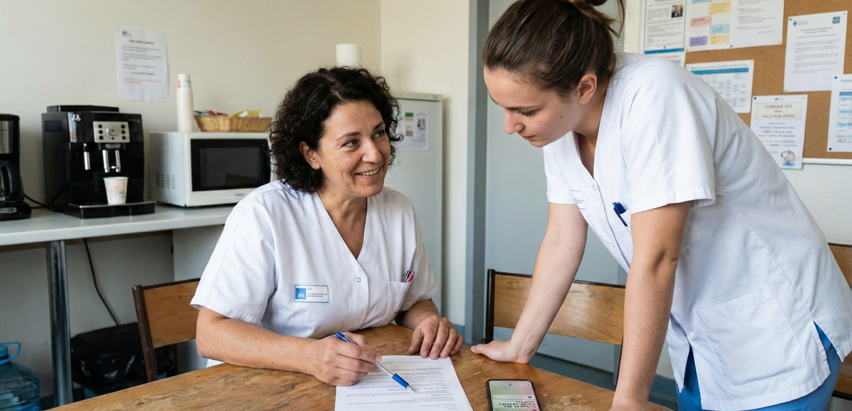 Photographie réaliste de deux infirmières dans une salle de pause d'hôpital. L'une montre à l'autre un formulaire de 'Demande de Cumul d'Activités' et un smartphone avec une application de planning de vacations, illustrant la possibilité pour les fonctionnaires de travailler dans le privé.
