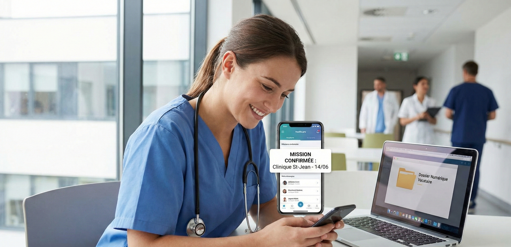 Une infirmière vacataire souriante regarde son smartphone qui affiche une notification de 'Mission Confirmée' à la Clinique St-Jean. Sur le bureau à côté d'elle, un ordinateur portable est ouvert sur un dossier intitulé 'Dossier Numérique Vacataire' dans un couloir d'hôpital moderne.