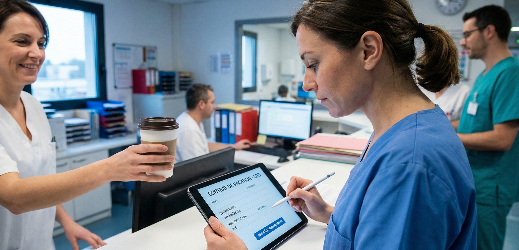 infirmiere-vacataire-verification-signature-contrat-cdd-tablette-hopital Photographie réaliste d'une infirmière vacataire concentrée, lisant et s'apprêtant à signer électroniquement son contrat de travail sur une tablette à l'accueil d'un service hospitalier, avant sa prise de poste.