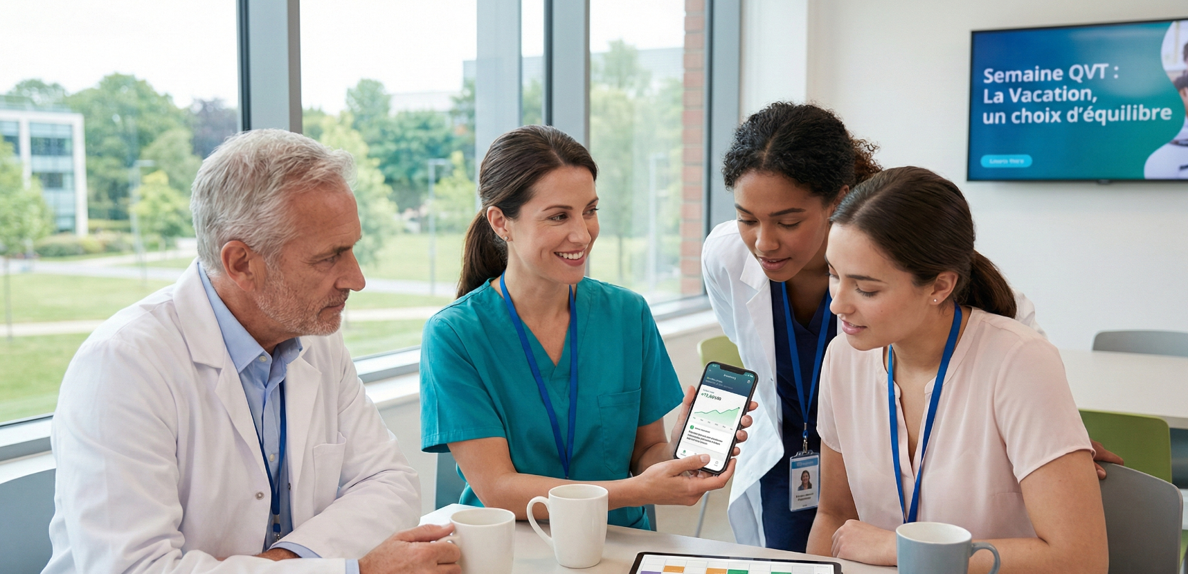 Quatre professionnels de santé (infirmière, médecin, personnel soignant) en pause café dans un hôpital moderne. L'infirmière montre sourire aux lèvres une application de suivi financier positif sur son smartphone, tandis qu'une tablette affiche un planning coloré sur la table. En arrière-plan, un écran affiche 'Semaine QVT : La Vacation, un choix d'équilibre', illustrant les avantages du statut.