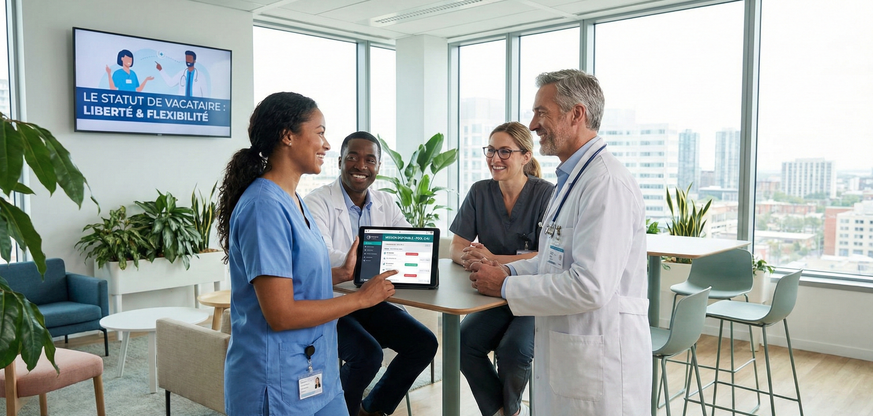 vacataire-sante-application-planning-hopital Quatre professionnels de santé souriants échangent de manière détendue autour d'une tablette affichant une application de planning dans la salle de repos lumineuse d'un hôpital moderne. En arrière-plan, un écran numérique affiche le texte 'Le statut de vacataire : liberté & flexibilité'.